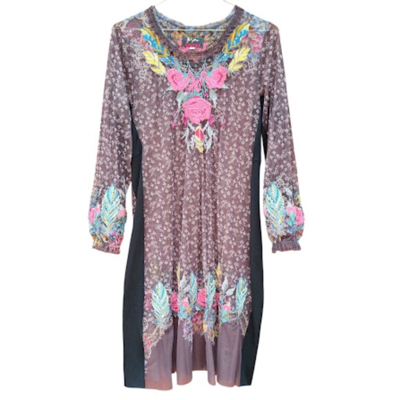BIYA JOHNNY WAS | Sheer Mesh Floral Embroidered Balloon Sleeve Brown Dress S - Picture 16 of 16